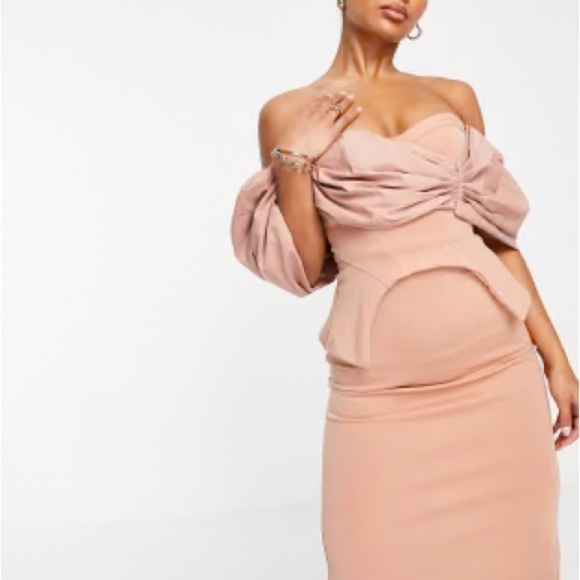 ASOS Pink Off-Shoulder Puff Sleeve Mini Dress - Picture 1 of 5